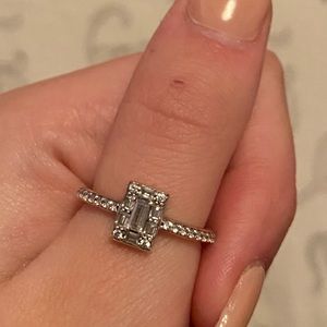 Pandora Silver Tone Emerald-Cut Halo Ring with Pavé Band